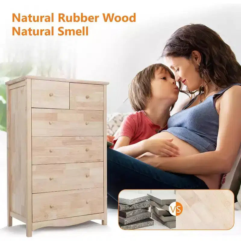 Cassettiera da camera da letto in legno massello naturale non rifinito a 6 cassetti, cassettiere e comò rustici in legno di caucciù alto fai da te