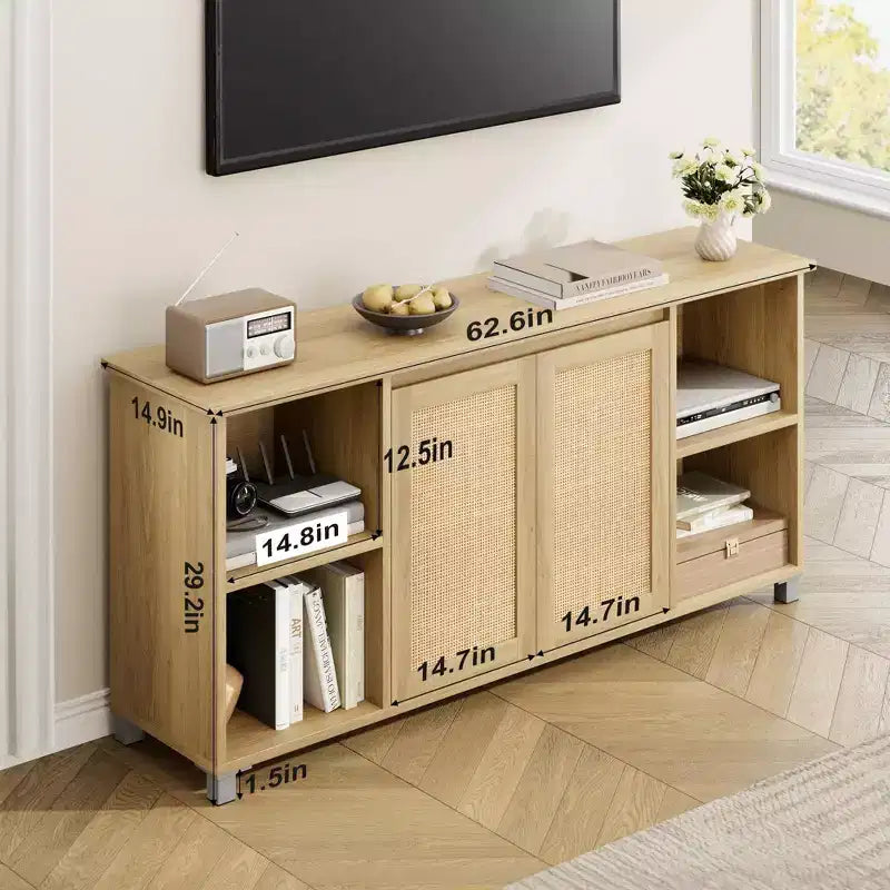 Mobile TV Boho per TV fino a 70 pollici, mobile consolle con ante in rattan e ripiani aperti per soggiorno, naturale