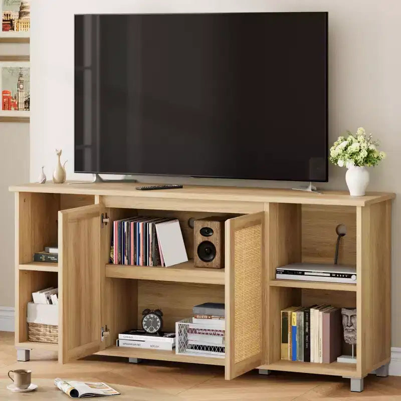 Mobile TV Boho per TV fino a 70 pollici, mobile consolle con ante in rattan e ripiani aperti per soggiorno, naturale