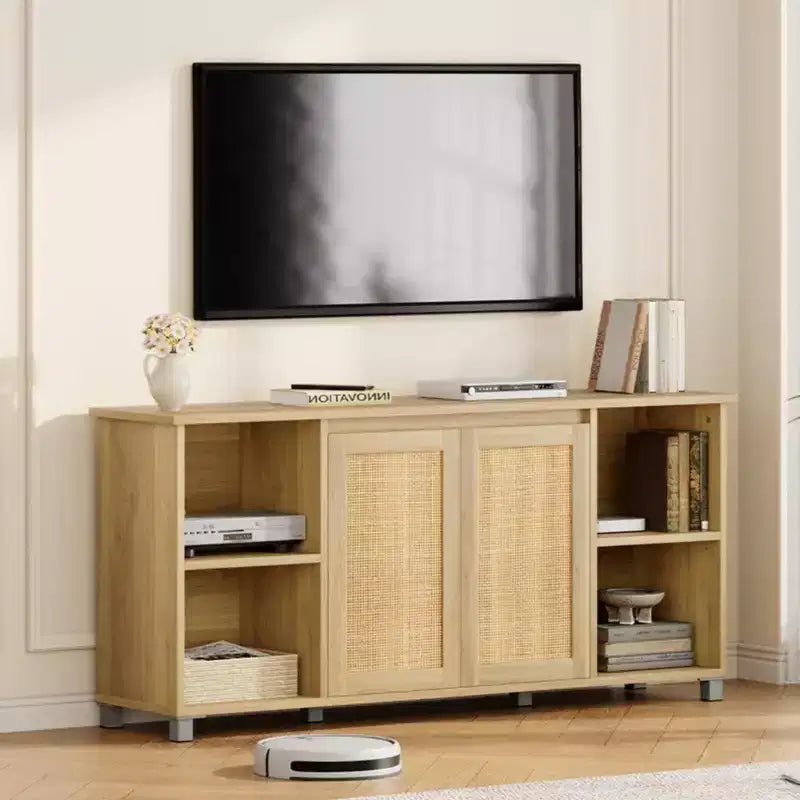 Mobile TV Boho per TV fino a 70 pollici, mobile consolle con ante in rattan e ripiani aperti per soggiorno, naturale
