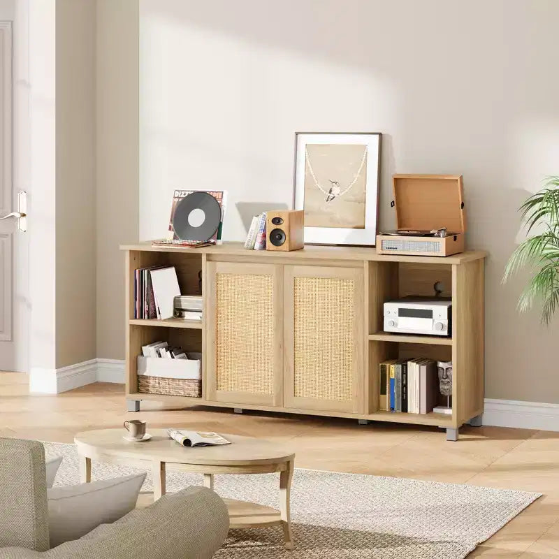 Mobile TV Boho per TV fino a 70 pollici, mobile consolle con ante in rattan e ripiani aperti per soggiorno, naturale