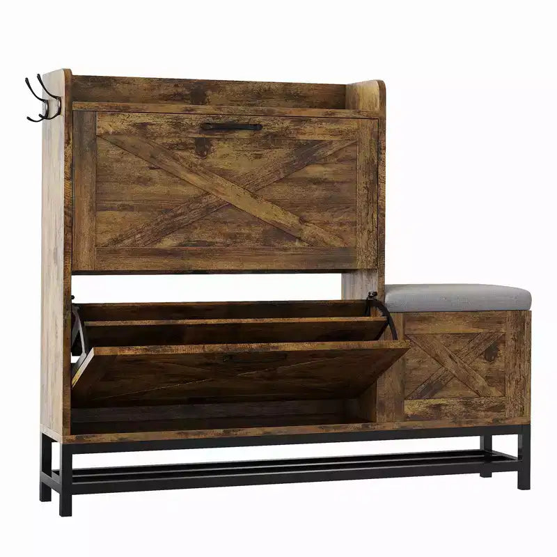 Scarpiera con 2 cassetti a ribalta e panca contenitore, scarpiera indipendente in legno stile rustico con 2 ganci e ripiano inferiore per ingresso, soggiorno