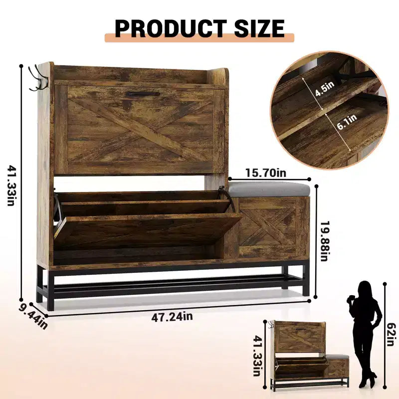 Scarpiera con 2 cassetti a ribalta e panca contenitore, scarpiera indipendente in legno stile rustico con 2 ganci e ripiano inferiore per ingresso, soggiorno