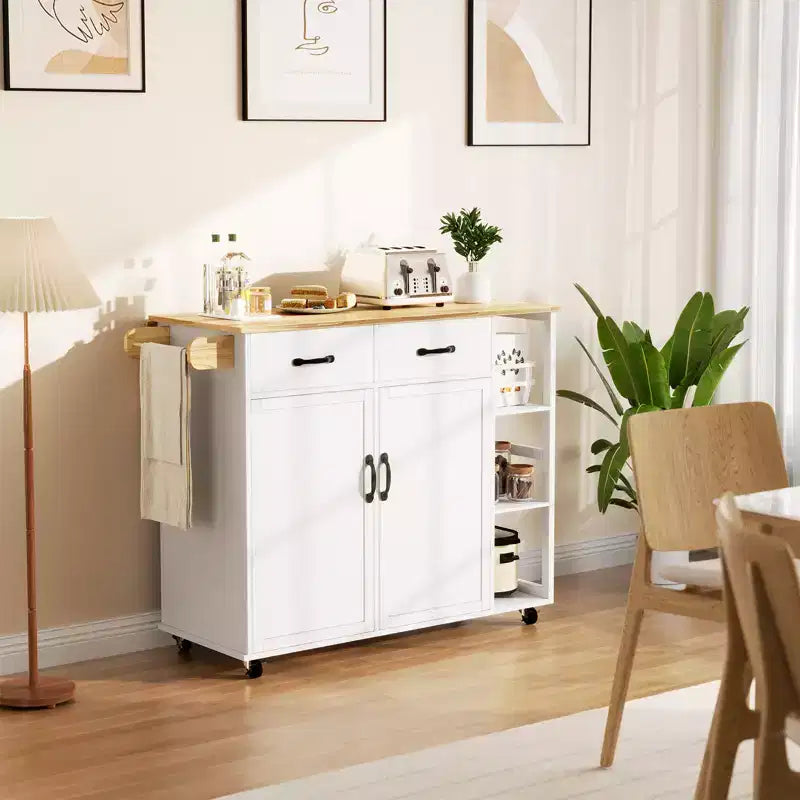 Isole cucina carrelli su ruote con piano in legno carrello con cassetto portaoggetti, armadietto a 2 ante, anta ribaltabile, postazione di lavoro mobile per cucina, bar, nero
