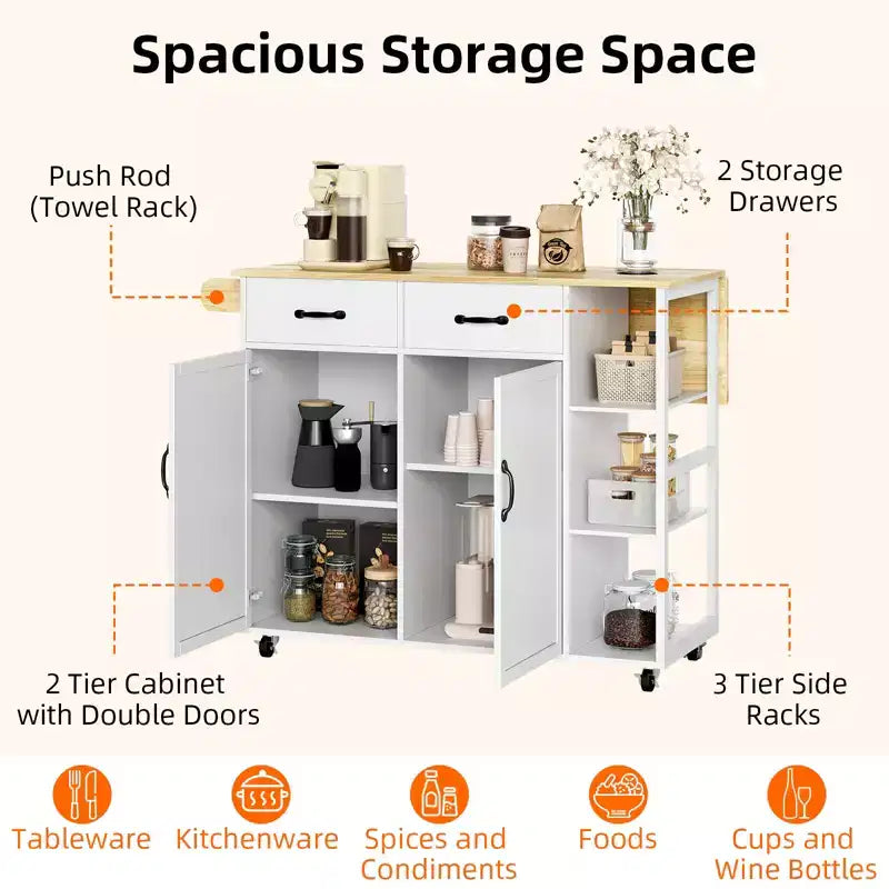 Isole cucina carrelli su ruote con piano in legno carrello con cassetto portaoggetti, armadietto a 2 ante, anta ribaltabile, postazione di lavoro mobile per cucina, bar, nero