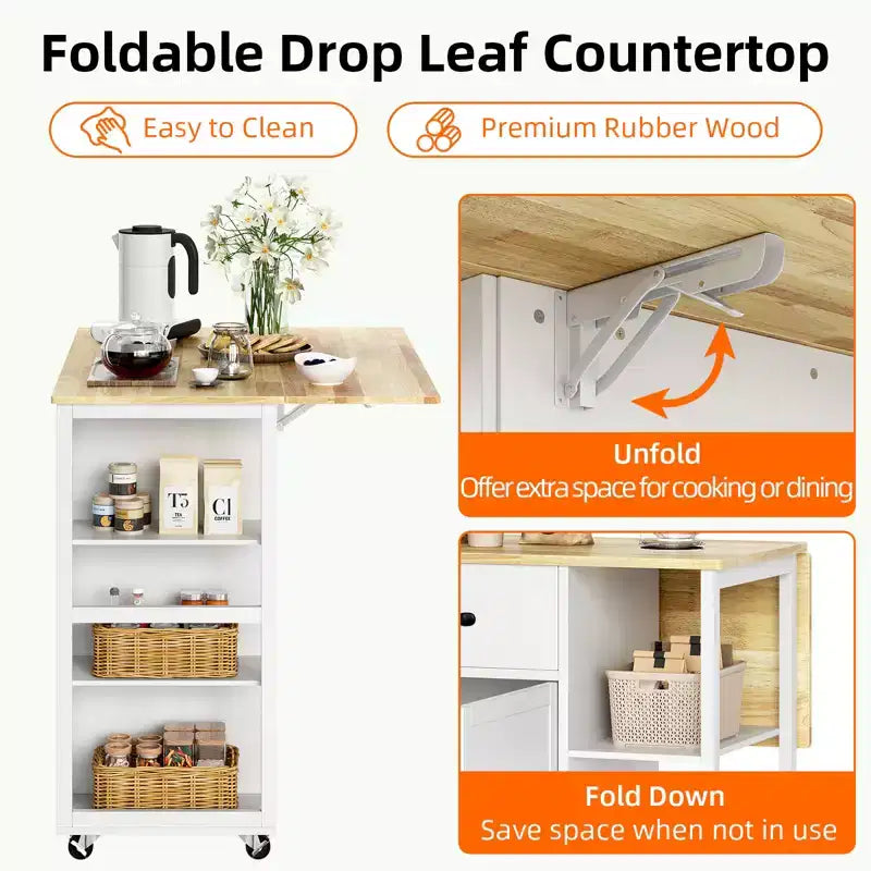 Isole cucina carrelli su ruote con piano in legno carrello con cassetto portaoggetti, armadietto a 2 ante, anta ribaltabile, postazione di lavoro mobile per cucina, bar, nero