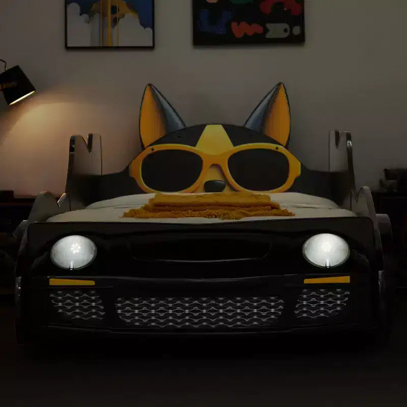 Letto singolo moderno a forma di macchina da corsa con fari a LED