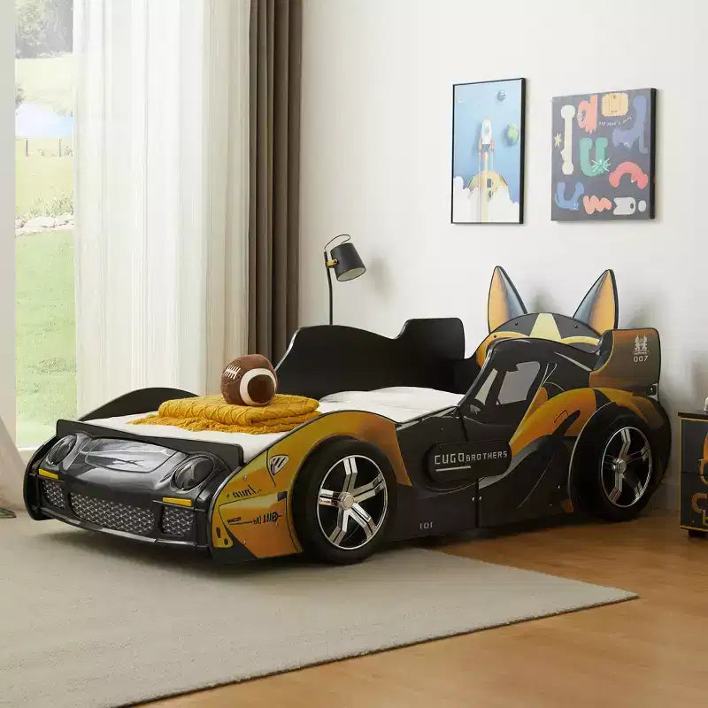 Letto singolo moderno a forma di macchina da corsa con fari a LED