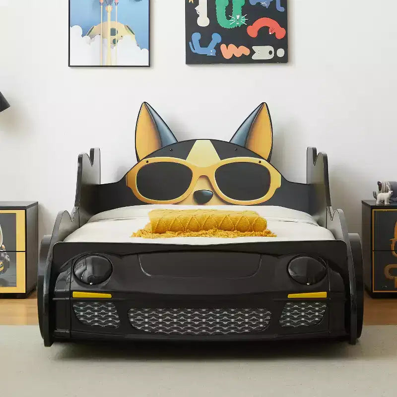 Letto singolo moderno a forma di macchina da corsa con fari a LED