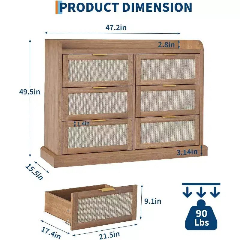 Cassettiera con 6 cassetti in stile rustico per camera da letto, Cassettiera in rattan con vani contenitore, Grande cassettiera con maniglie dorate, per camera da letto/ingresso