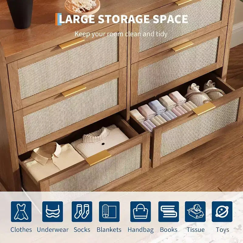 Cassettiera con 6 cassetti in stile rustico per camera da letto, Cassettiera in rattan con vani contenitore, Grande cassettiera con maniglie dorate, per camera da letto/ingresso