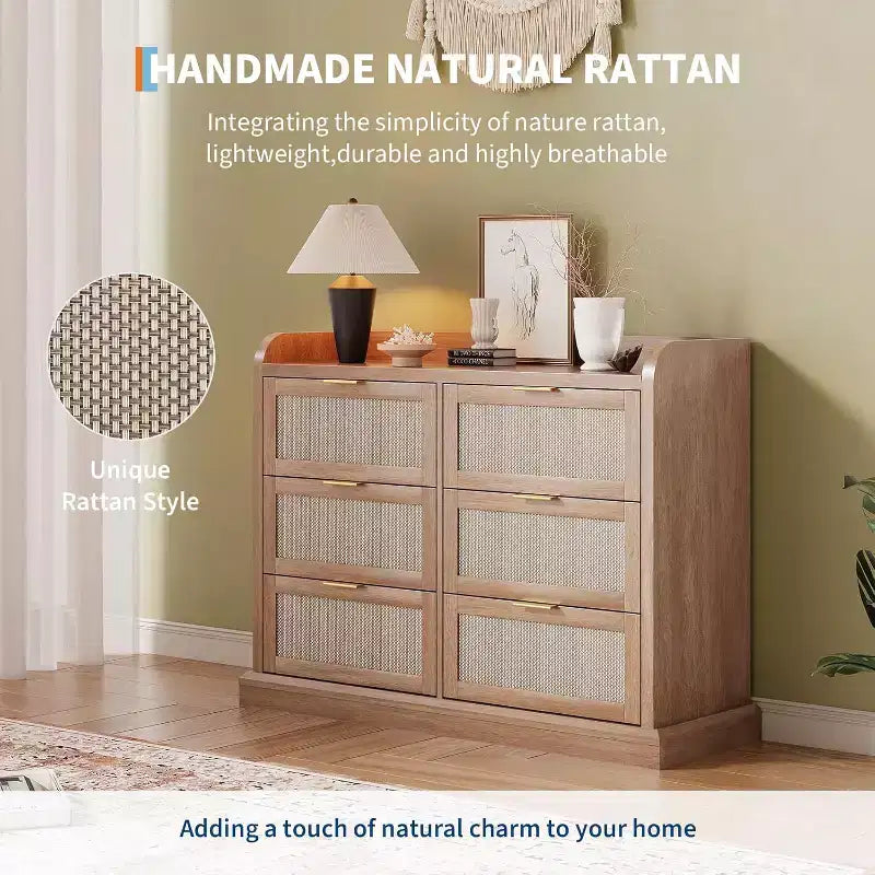 Cassettiera con 6 cassetti in stile rustico per camera da letto, Cassettiera in rattan con vani contenitore, Grande cassettiera con maniglie dorate, per camera da letto/ingresso