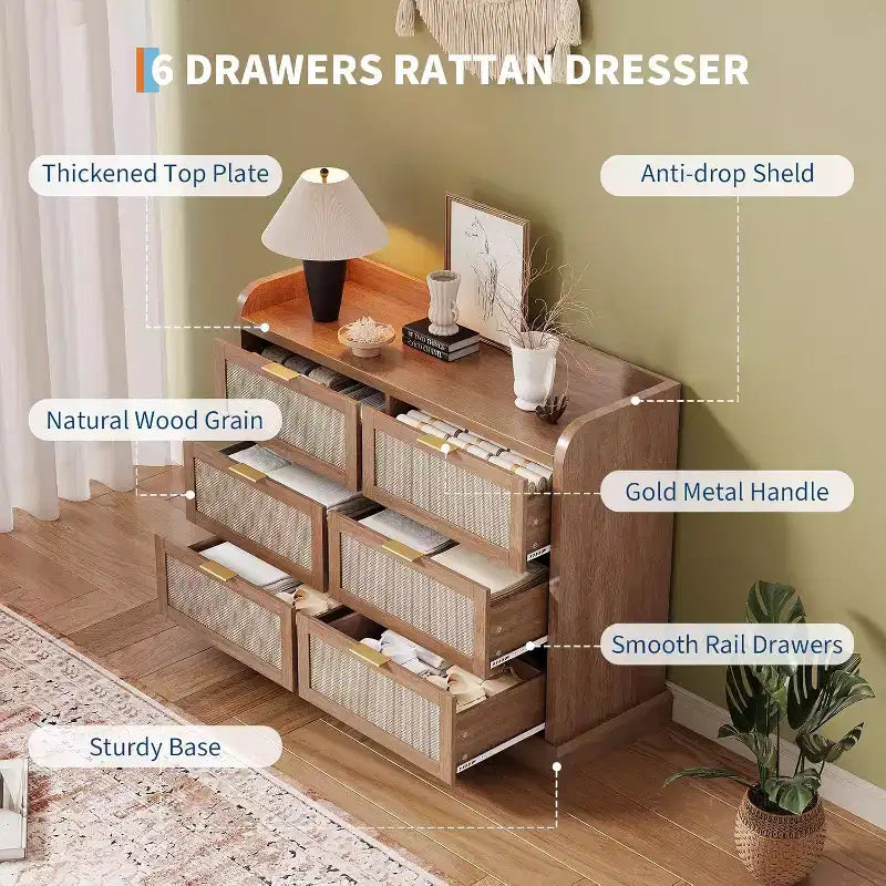 Cassettiera con 6 cassetti in stile rustico per camera da letto, Cassettiera in rattan con vani contenitore, Grande cassettiera con maniglie dorate, per camera da letto/ingresso