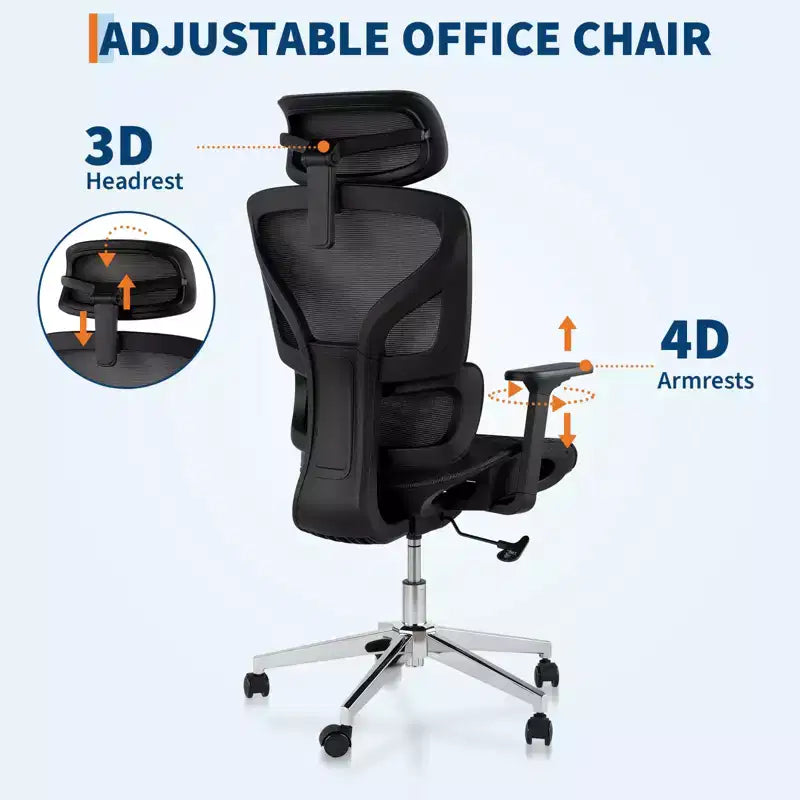 Sedia da ufficio ergonomica in rete, supporto lombare, braccioli regolabili 4D, reclinabile e regolabile in altezza, girevole a 360°, sedia da ufficio per casa, sedia da studio e gaming