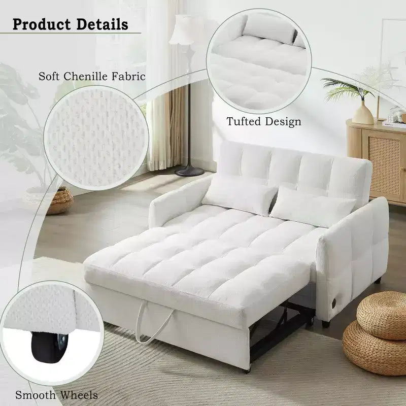 Divano a due posti da 52.8 con letto estraibile trapuntato, schienale regolabile e due cuscini lombari per soggiorno, colore beige