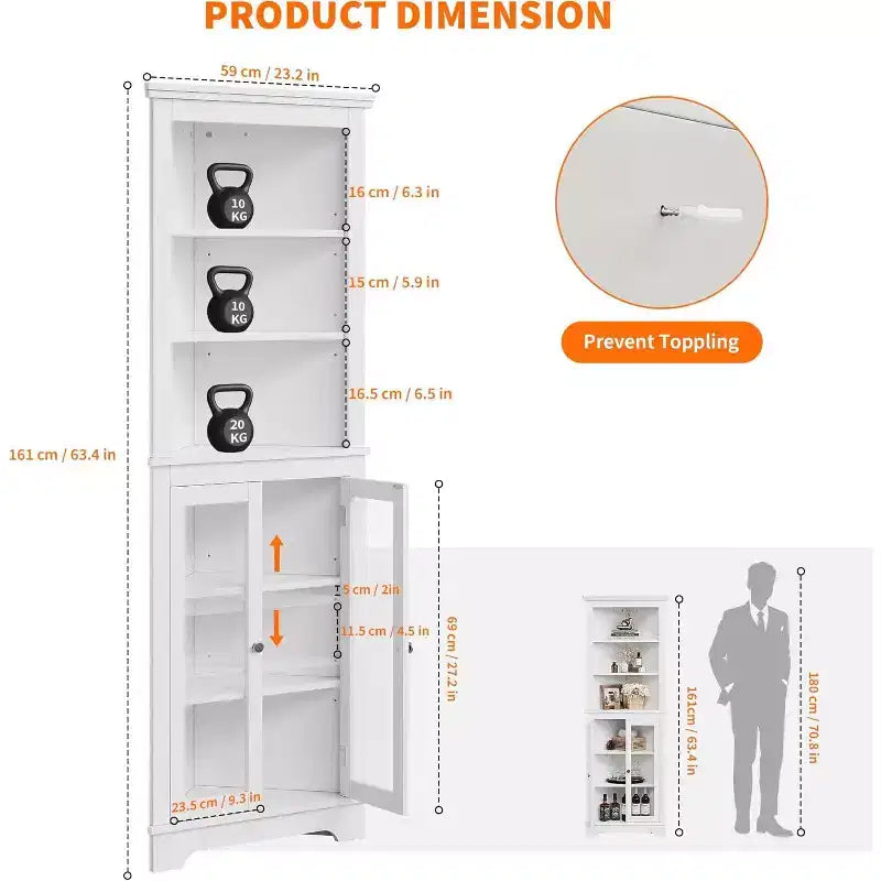 Mobile angolare con ante in vetro, ripiani regolabili, mobiletto indipendente alto da bagno e cucina per piccoli spazi, organizzatore moderno bianco