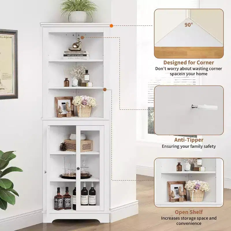 Mobile angolare con ante in vetro, ripiani regolabili, mobiletto indipendente alto da bagno e cucina per piccoli spazi, organizzatore moderno bianco