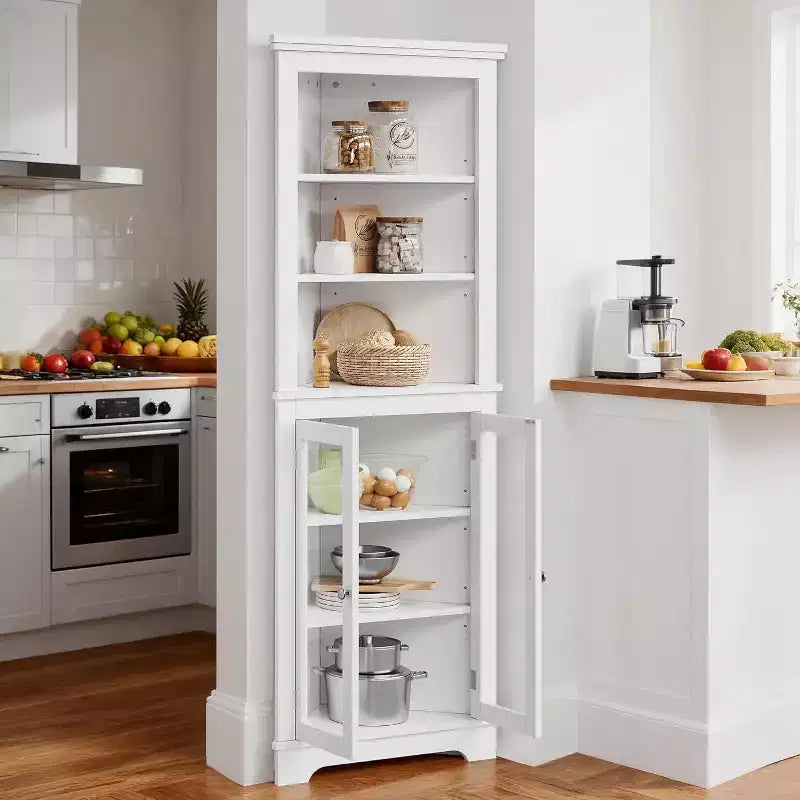 Mobile angolare con ante in vetro, ripiani regolabili, mobiletto indipendente alto da bagno e cucina per piccoli spazi, organizzatore moderno bianco