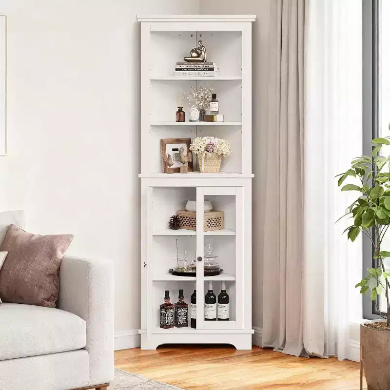 Mobile angolare con ante in vetro, ripiani regolabili, mobiletto indipendente alto da bagno e cucina per piccoli spazi, organizzatore moderno bianco