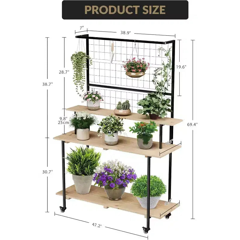 Espositore per piante da parete a griglia a 3 ripiani, espositore a griglia in metallo resistente con ripiani e ganci regolabili, mensola per piante multiuso per interni ed esterni per giardino, casa