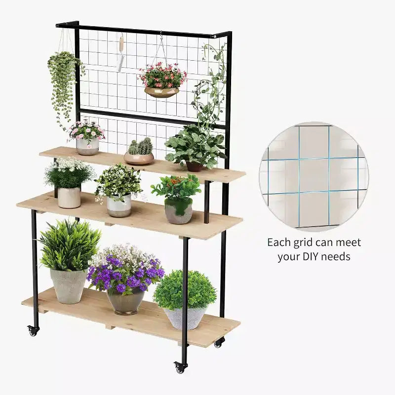 Espositore per piante da parete a griglia a 3 ripiani, espositore a griglia in metallo resistente con ripiani e ganci regolabili, mensola per piante multiuso per interni ed esterni per giardino, casa