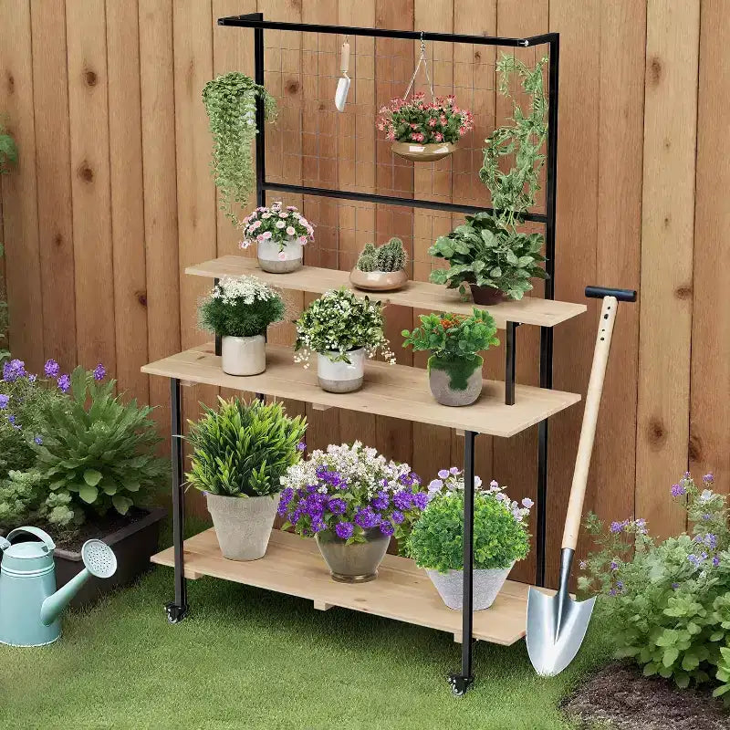 Espositore per piante da parete a griglia a 3 ripiani, espositore a griglia in metallo resistente con ripiani e ganci regolabili, mensola per piante multiuso per interni ed esterni per giardino, casa