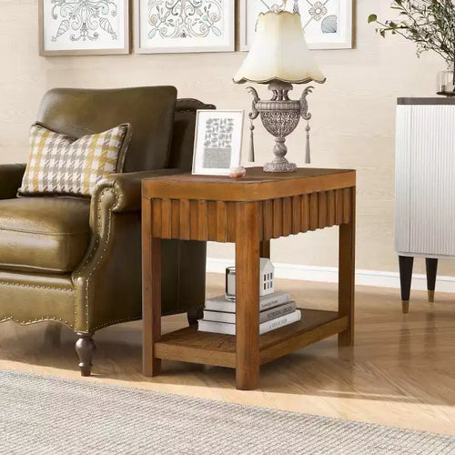 25 Tavolino rettangolare a 2 livelli in stile rustico con ripiano aperto, gambe in legno massello, tavolino laterale per soggiorno, camera da letto o ufficio-Panipeachy