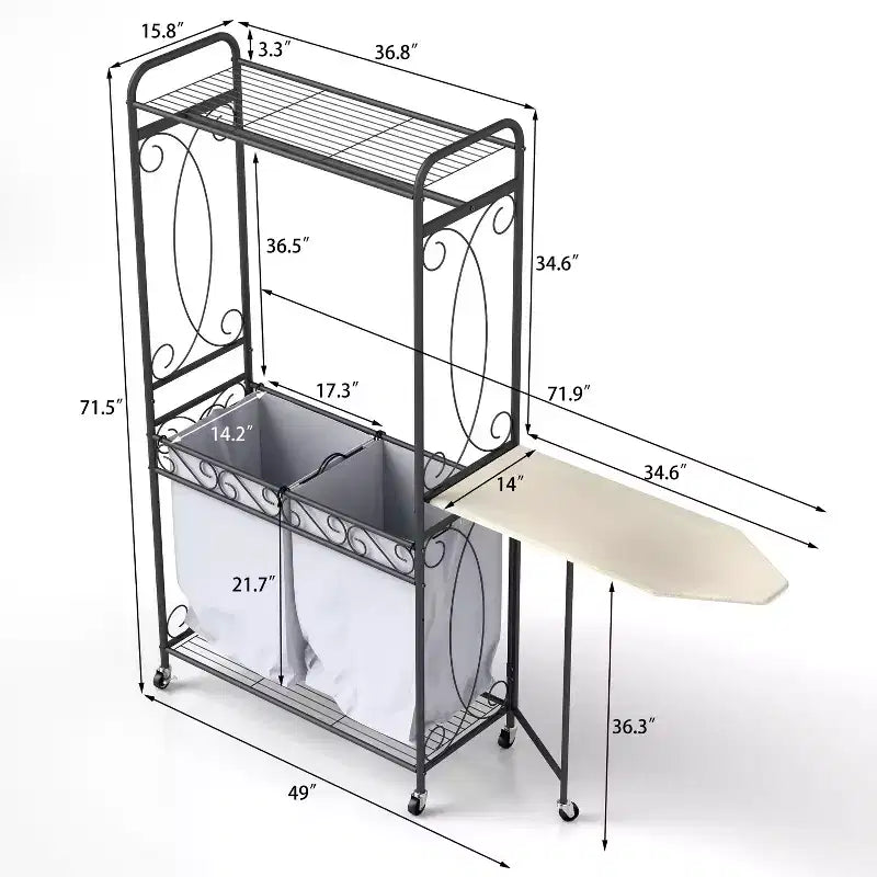 Scaffale portaoggetti multifunzione con aste appendiabiti e ripiani, cesto in metallo con ruote, adatto per bagni, lavanderie e camere da letto.