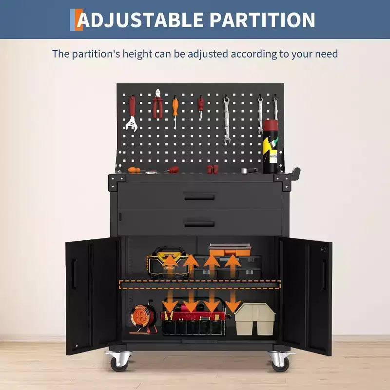 Armadietto portautensili mobile in acciaio da 35" per carichi pesanti, con 2 cassetti profondi, ripiani regolabili e pannello forato, ruote bloccabili, organizer per garage