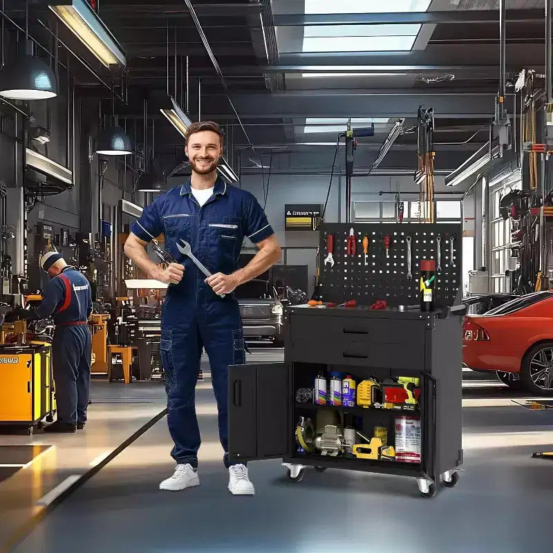 Armadietto portautensili mobile in acciaio da 35" per carichi pesanti, con 2 cassetti profondi, ripiani regolabili e pannello forato, ruote bloccabili, organizer per garage