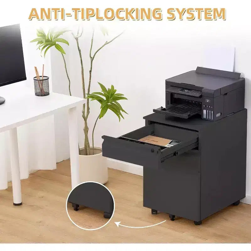 Cassettiera a 3 cassetti mobile, schedario in metallo con ruote sotto la scrivania con serratura e ruota antiribaltamento per l'organizzazione dell'home office, cartelle sospese