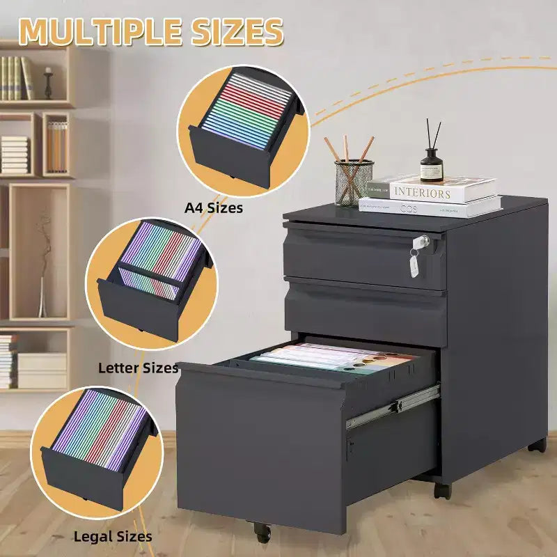 Cassettiera a 3 cassetti mobile, schedario in metallo con ruote sotto la scrivania con serratura e ruota antiribaltamento per l'organizzazione dell'home office, cartelle sospese