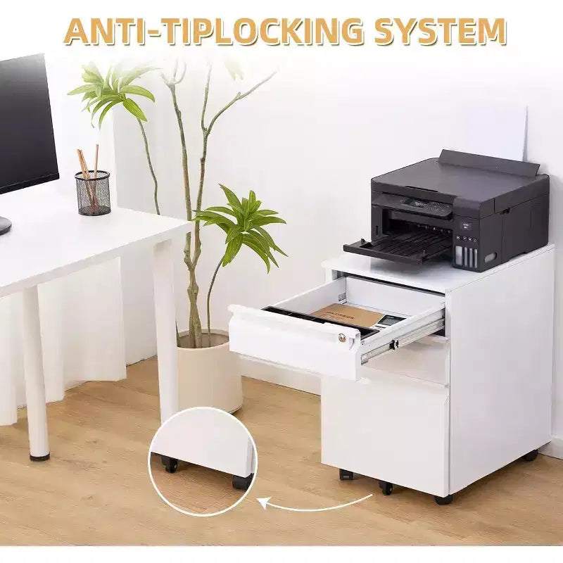 Cassettiera a 3 cassetti mobile, schedario in metallo con ruote sotto la scrivania con serratura e ruota antiribaltamento per l'organizzazione dell'home office, cartelle sospese