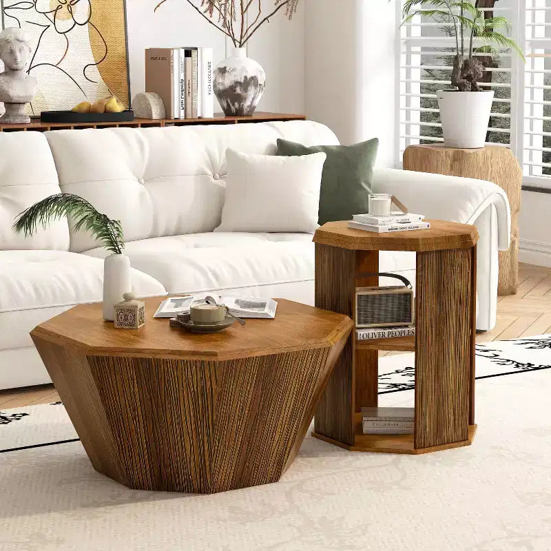 MAYEERTY 31.5 Octagonal Natural Rubber Wood Set of Two Coffee Table for Living Room Bedroom Beige