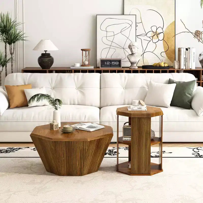 31.5 Tavolino da Caffè Ottagonale in Gomma Naturale con Piano in Legno, Set di Due, per Soggiorno Camera da Letto, Beige