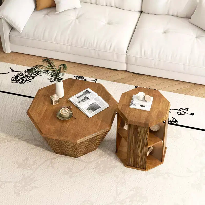 31.5 Tavolino da Caffè Ottagonale in Gomma Naturale con Piano in Legno, Set di Due, per Soggiorno Camera da Letto, Beige