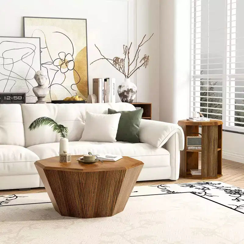 31.5 Tavolino da Caffè Ottagonale in Gomma Naturale con Piano in Legno, Set di Due, per Soggiorno Camera da Letto, Beige