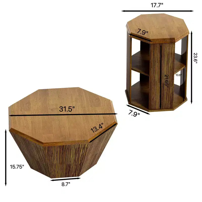 31.5 Tavolino da Caffè Ottagonale in Gomma Naturale con Piano in Legno, Set di Due, per Soggiorno Camera da Letto, Beige