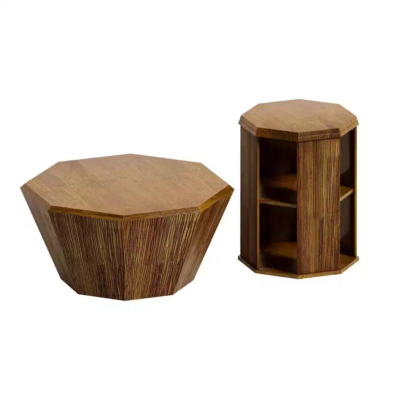 31.5 Tavolino da Caffè Ottagonale in Gomma Naturale con Piano in Legno, Set di Due, per Soggiorno Camera da Letto, Beige