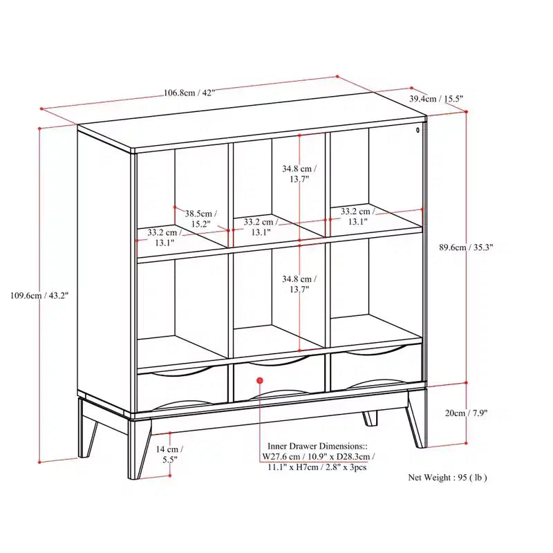Pearson LEGNO MASSELLO 43" x 42" Mobile Contenitore Basso a 6 Cubi Moderno Metà Secolo in Marrone Noce