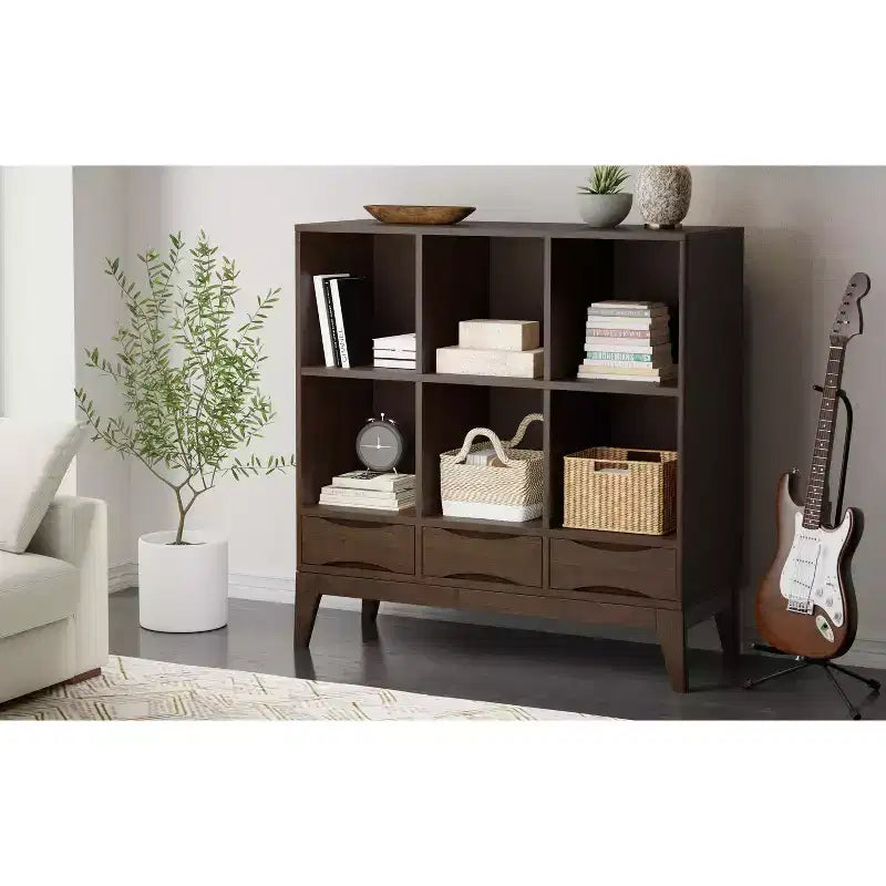 Pearson LEGNO MASSELLO 43" x 42" Mobile Contenitore Basso a 6 Cubi Moderno Metà Secolo in Marrone Noce