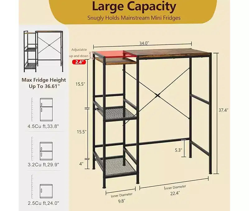 Supporto per Frigorifero con Ripiano Portaoggetti, Ripiano Superiore Regolabile per Supporto Microonde e Mobile Caffè, Supporto TV per Dormitorio, Appartamento, Cucina, Ufficio in Marrone Rustico