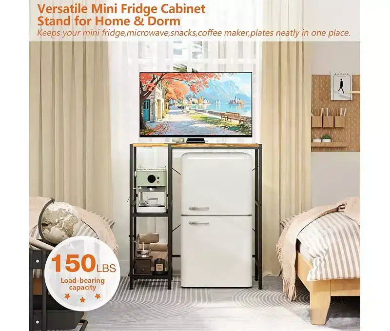 Supporto per Frigorifero con Ripiano Portaoggetti, Ripiano Superiore Regolabile per Supporto Microonde e Mobile Caffè, Supporto TV per Dormitorio, Appartamento, Cucina, Ufficio in Marrone Rustico