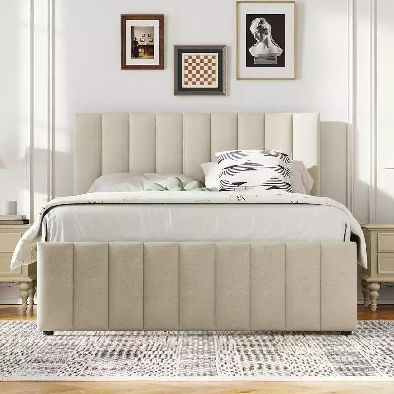 Letto a piattaforma imbottito di dimensioni complete con letto estraibile singolo e 3 cassetti, in tessuto di lino, beige