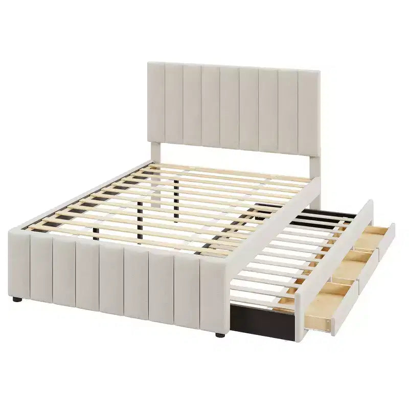 Letto a piattaforma imbottito di dimensioni complete con letto estraibile singolo e 3 cassetti, in tessuto di lino, beige