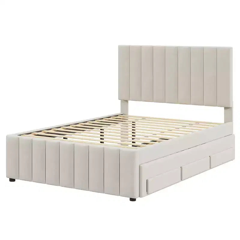 Letto a piattaforma imbottito di dimensioni complete con letto estraibile singolo e 3 cassetti, in tessuto di lino, beige