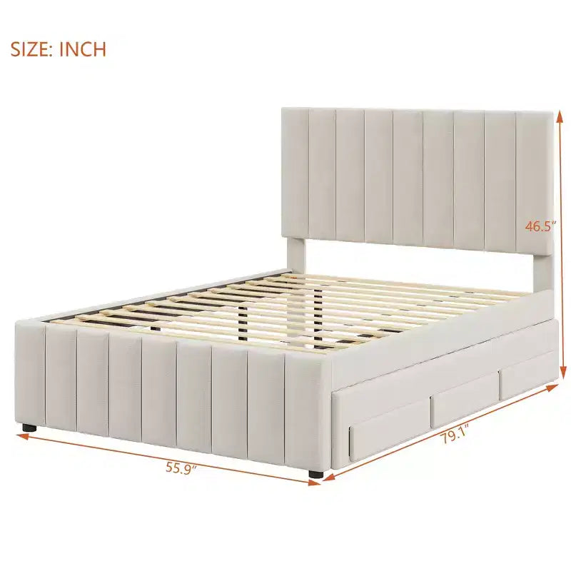 Letto a piattaforma imbottito di dimensioni complete con letto estraibile singolo e 3 cassetti, in tessuto di lino, beige