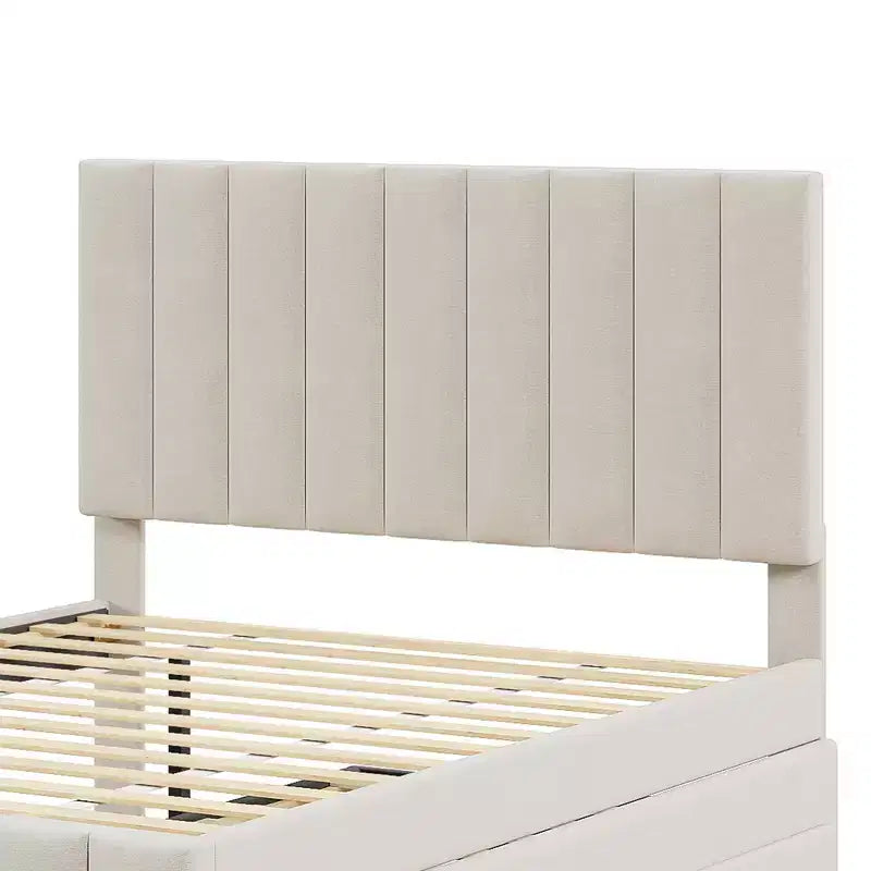 Letto a piattaforma imbottito di dimensioni complete con letto estraibile singolo e 3 cassetti, in tessuto di lino, beige