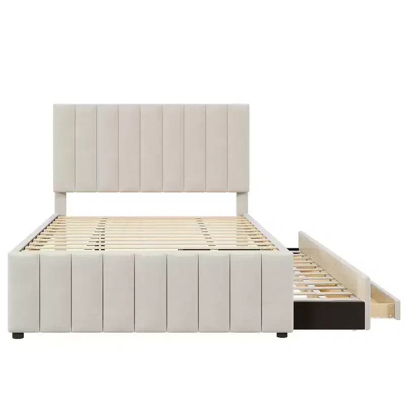 Letto a piattaforma imbottito di dimensioni complete con letto estraibile singolo e 3 cassetti, in tessuto di lino, beige
