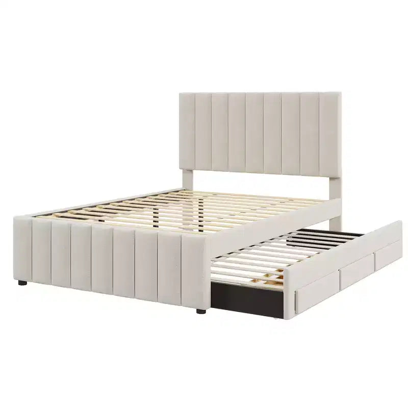 Letto a piattaforma imbottito di dimensioni complete con letto estraibile singolo e 3 cassetti, in tessuto di lino, beige
